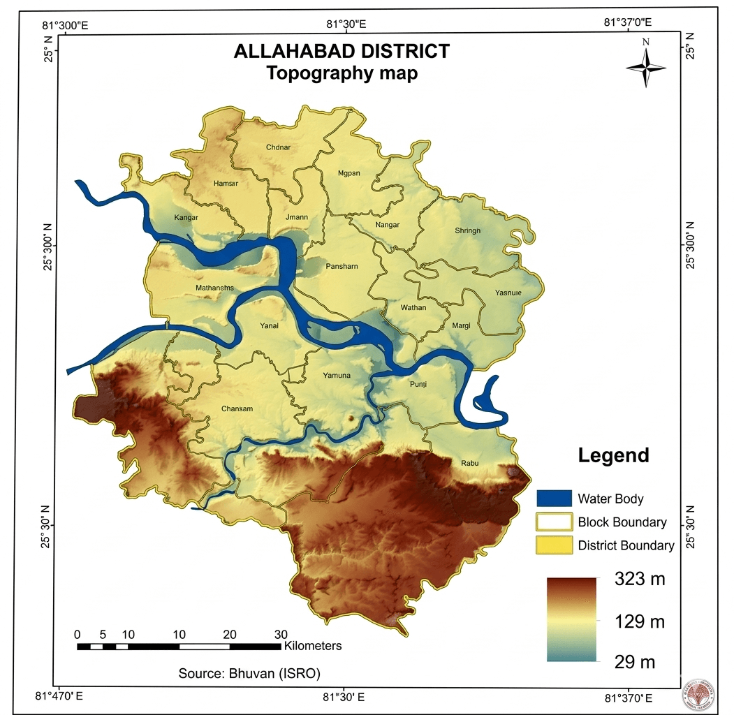 Allahabad district topography map from RSAK Society's GIS services profile.